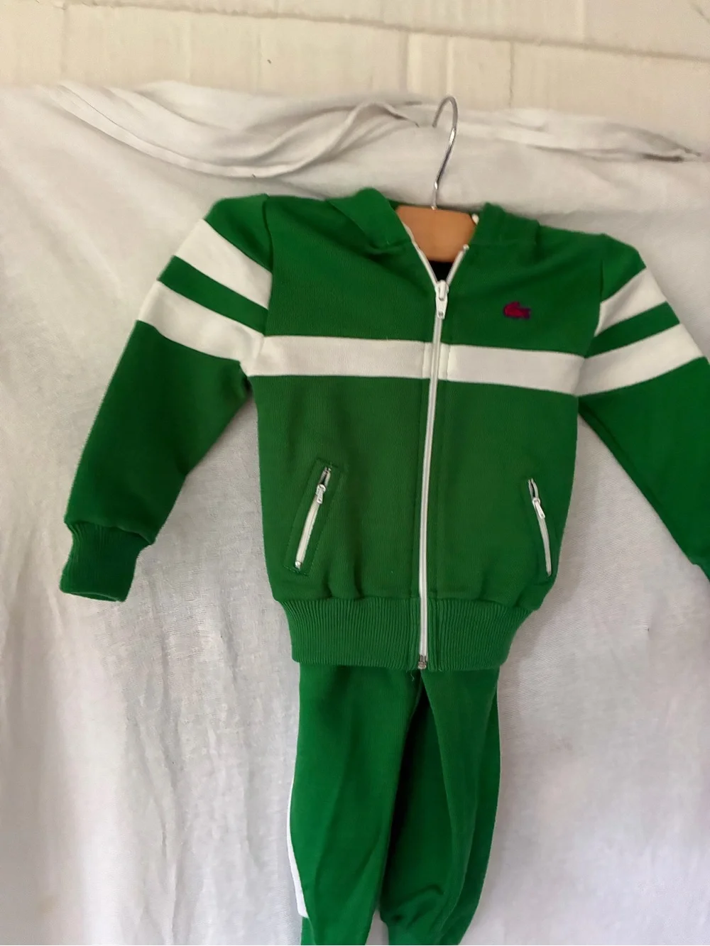 Vintage 70s Lacoste Kids 3T Green Zip Front 2 Piece Sweat Suit Boys Girls NWT
